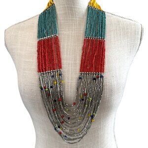 Multicolor Tribal Beaded Statement Necklace With Yellow Red & Teal Beads